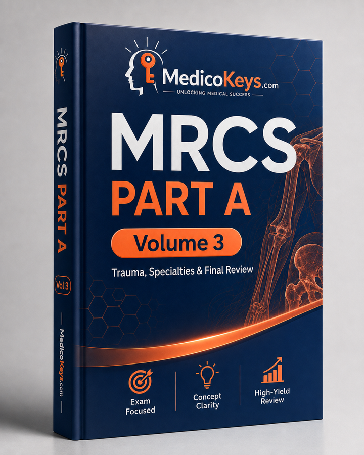 MedicoKeys MRCS Part A Volume 3 eBook cover – Trauma, Specialties and Final Review premium exam preparation with high-yield trauma, surgical emergencies and specialty content.