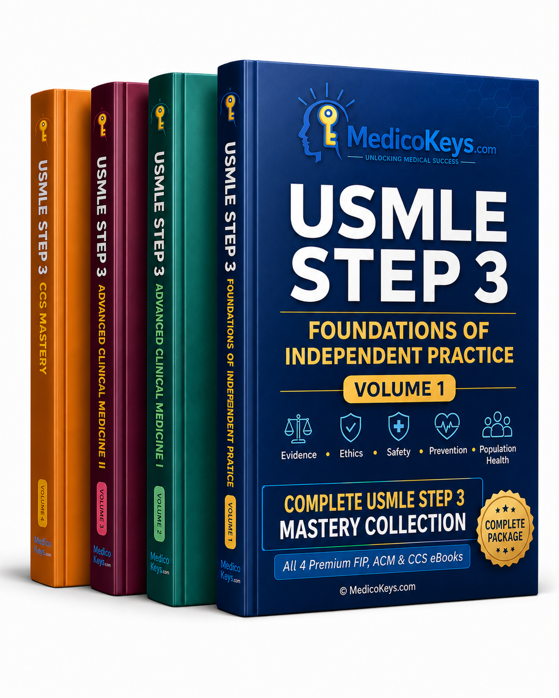 MedicoKeys complete USMLE Step 3 premium updated high-yield color-coded four-volume eBook collection covering FIP clinical medicine and CCS mastery