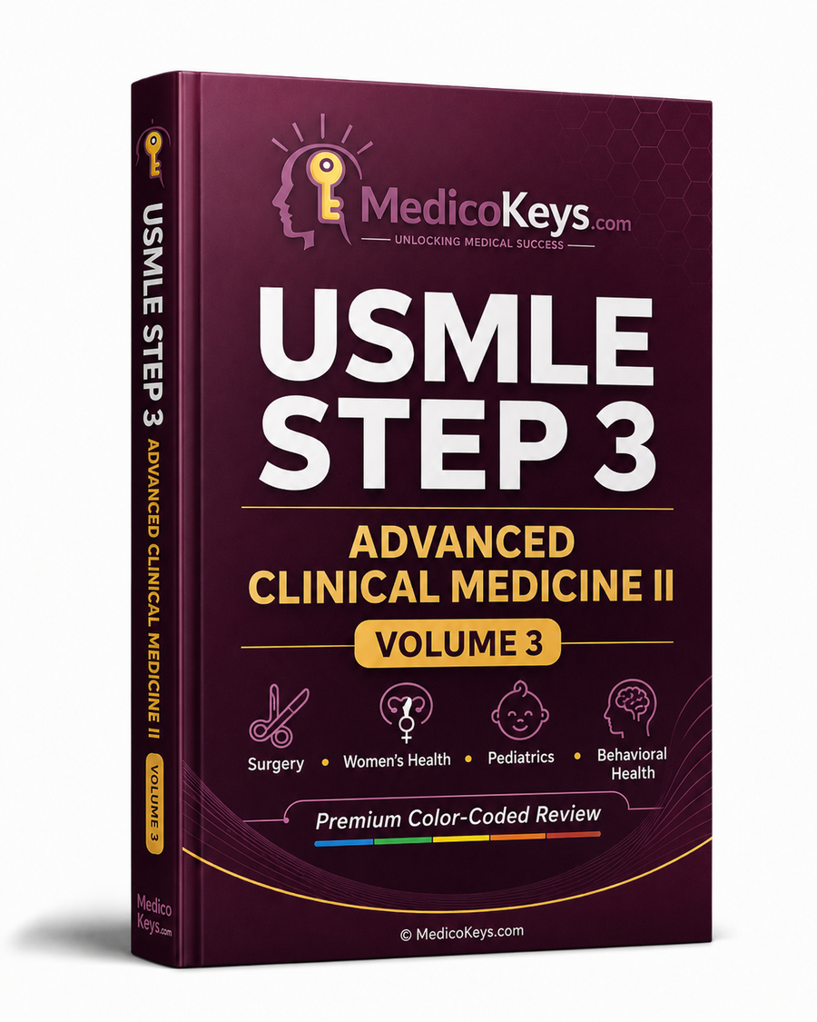 MedicoKeys USMLE Step 3 Volume 3 Advanced Clinical Medicine II premium updated high-yield color-coded surgery women’s health pediatrics and behavioral health eBook cover