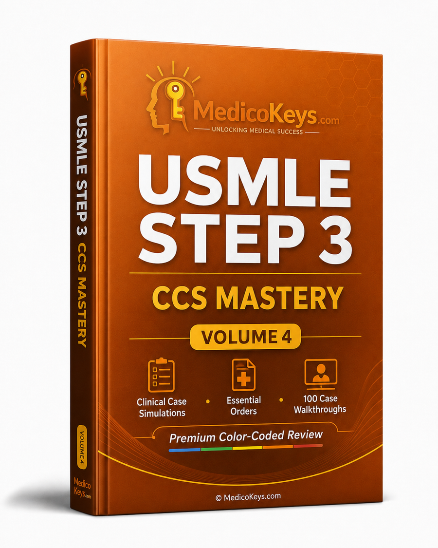 MedicoKeys USMLE Step 3 Volume 4 CCS Mastery premium updated high-yield color-coded eBook with 110 original clinical case simulation walkthroughs