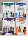 Full package product image showing four realistic 3D MedicoKeys NAC Examination OSCE books arranged in a premium, purchase-ready display on a neutral studio background. The set includes Volume 1 Core Skills, Communication & Canadian Clinical Approach in teal, Volume 2 Adult Medicine, Geriatrics & Urgent Care OSCE Cases in blue, Volume 3 Surgery, Women’s Health, Pediatrics & Mental Health OSCE Cases in purple, and Volume 4 Full Mock Circuits, Examiner Checklists & Rapid Review in orange. All books appear lar