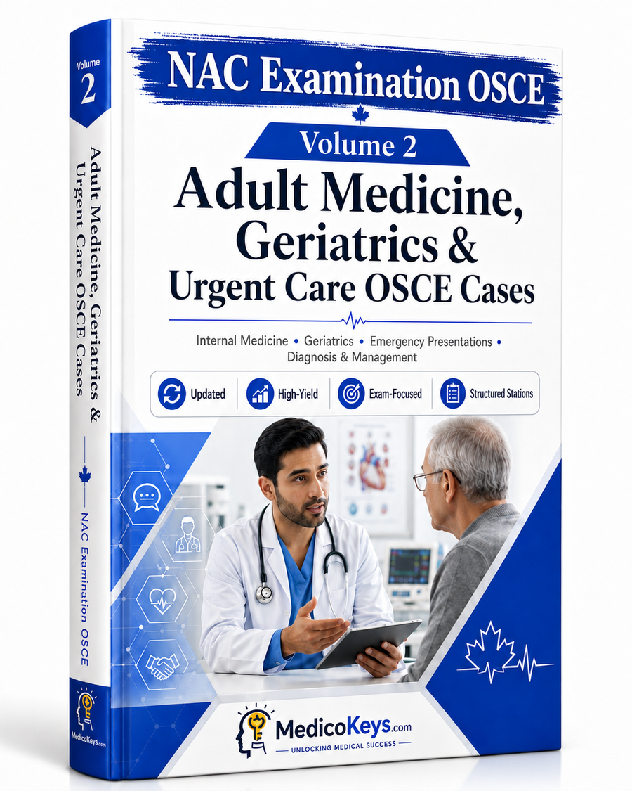 MedicoKeys NAC Examination OSCE premium color-coded eBook for adult medicine, geriatrics, urgent care, clinical reasoning, investigations and safe management