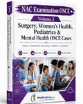 MedicoKeys NAC Examination OSCE Volume 3 book cover in a purple color theme, featuring a large clear “NAC Examination OSCE” title on a strike brush background and the subtitle “Surgery, Women’s Health, Pediatrics & Mental Health OSCE Cases.” The cover includes a collage of clinical scenes such as surgery, women’s health consultation, pediatric assessment, and mental health interview. It is presented as updated, high-yield, color-coded, exam-focused study material with revision notes for structured OSCE prep