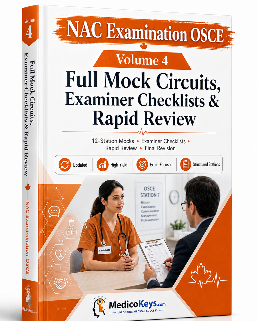 MedicoKeys NAC Examination OSCE premium simulation eBook with full mock circuits, candidate tasks, examiner keys, checklists and performance self-assessment