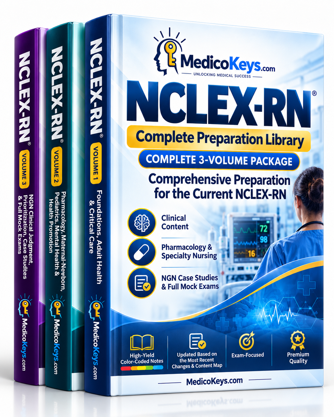 NCLEX-RN Complete 3-Volume MedicoKeys premium eBook package with updated color-coded nursing notes, pharmacology, NGN case studies, questions and full mock exams