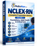 NCLEX-RN Volume 1 premium MedicoKeys eBook cover for Foundations, Adult Health and Critical Care with clinical judgment, safety, prioritization and nursing exam preparation