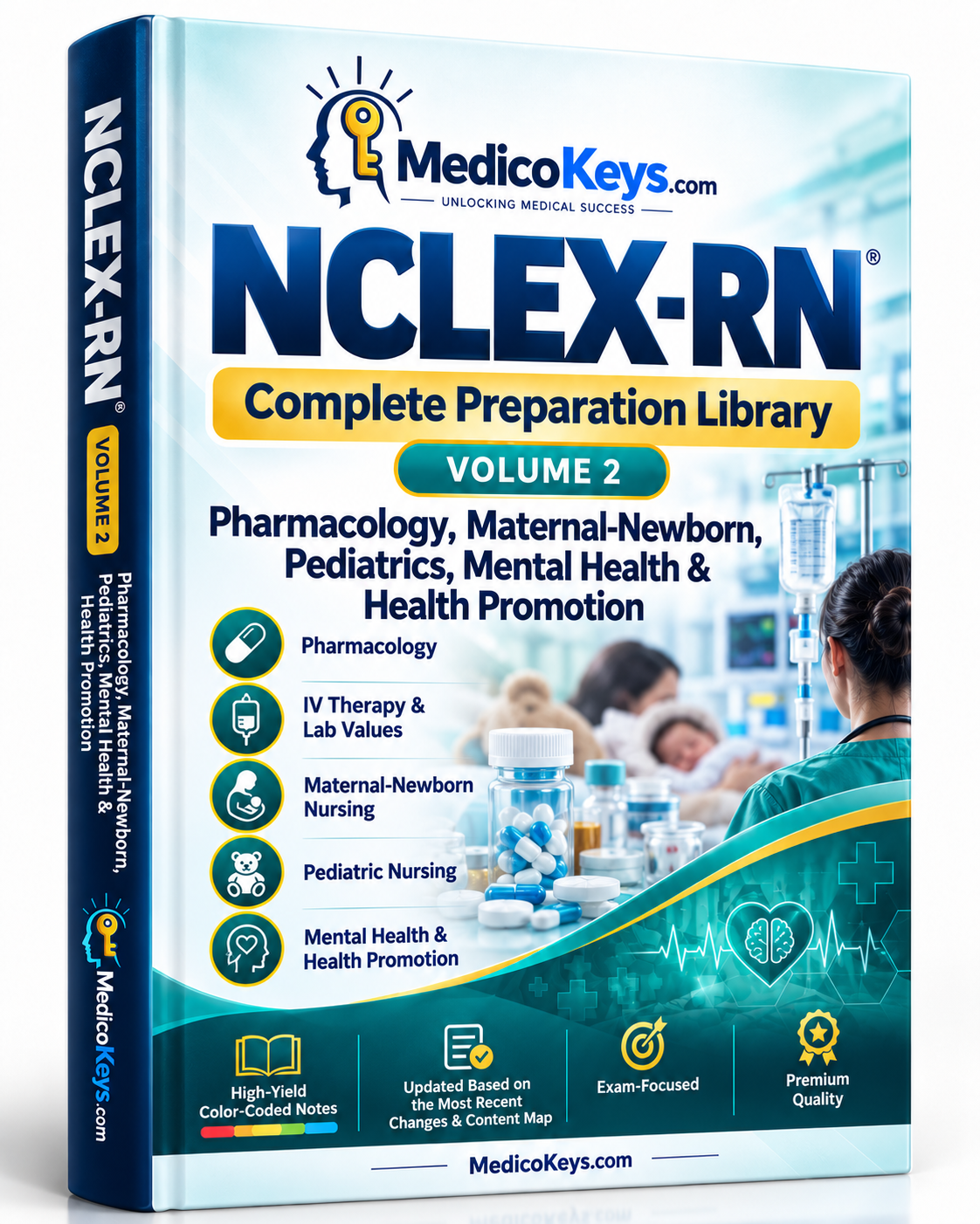 NCLEX-RN Volume 2 premium MedicoKeys eBook cover for Pharmacology, Maternal-Newborn, Pediatrics, Mental Health and Health Promotion exam preparation