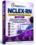 NCLEX-RN Volume 3 premium MedicoKeys eBook cover for NGN clinical judgment, prioritization, case studies, question bank and full mock exam preparation
