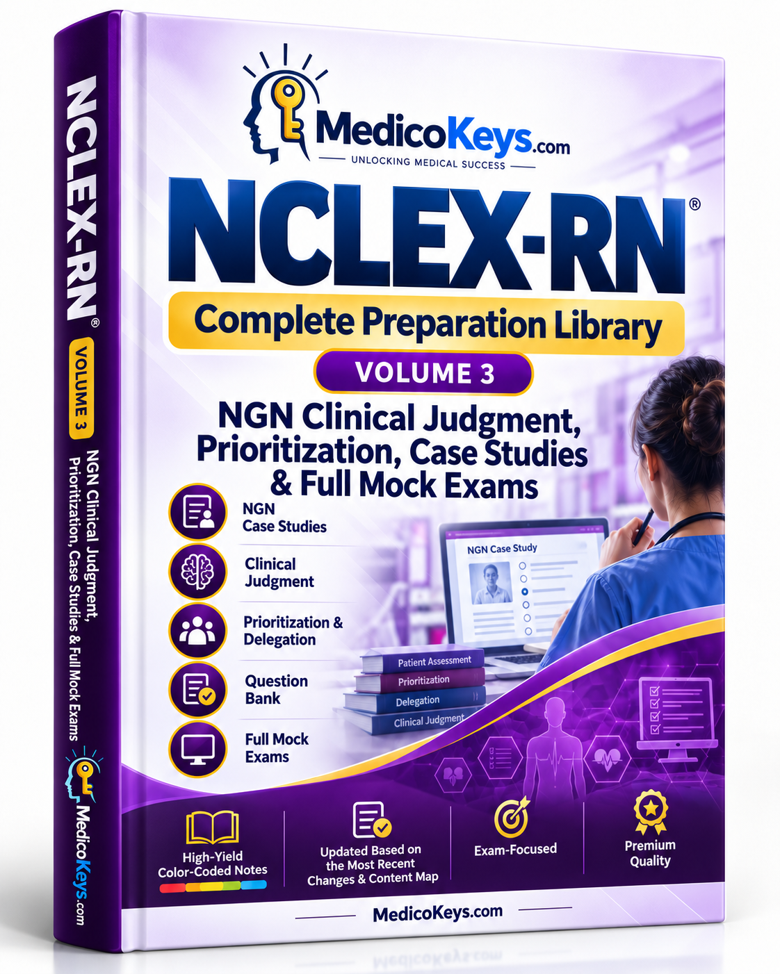 NCLEX-RN Volume 3 premium MedicoKeys eBook cover for NGN clinical judgment, prioritization, case studies, question bank and full mock exam preparation