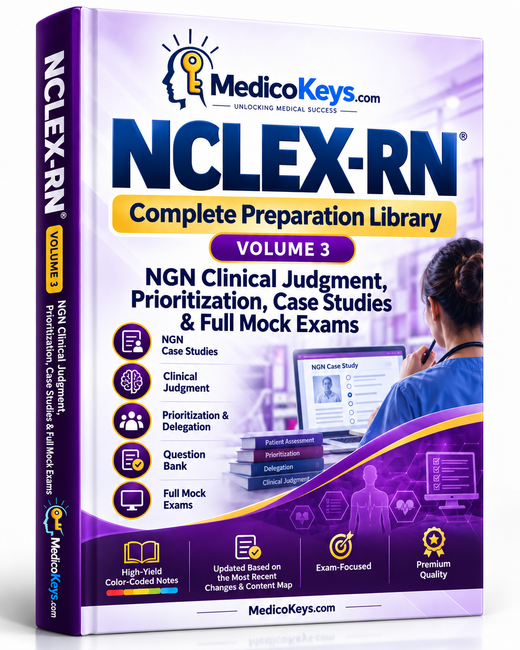 NCLEX-RN Volume 3 premium MedicoKeys eBook cover for NGN clinical judgment, prioritization, case studies, question bank and full mock exam preparation