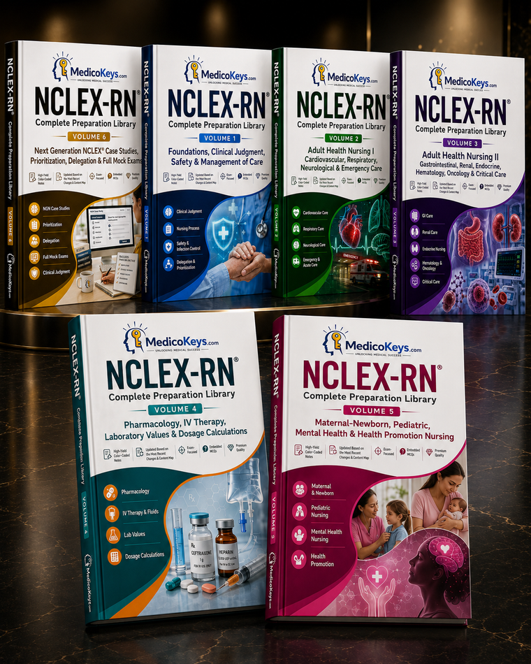 Full package product image showing four realistic 3D MedicoKeys NAC Examination OSCE books arranged in a premium, purchase-ready display on a neutral studio background. The set includes Volume 1 Core Skills, Communication & Canadian Clinical Approach in teal, Volume 2 Adult Medicine, Geriatrics & Urgent Care OSCE Cases in blue, Volume 3 Surgery, Women’s Health, Pediatrics & Mental Health OSCE Cases in purple, and Volume 4 Full Mock Circuits, Examiner Checklists & Rapid Review in orange. All books appear lar