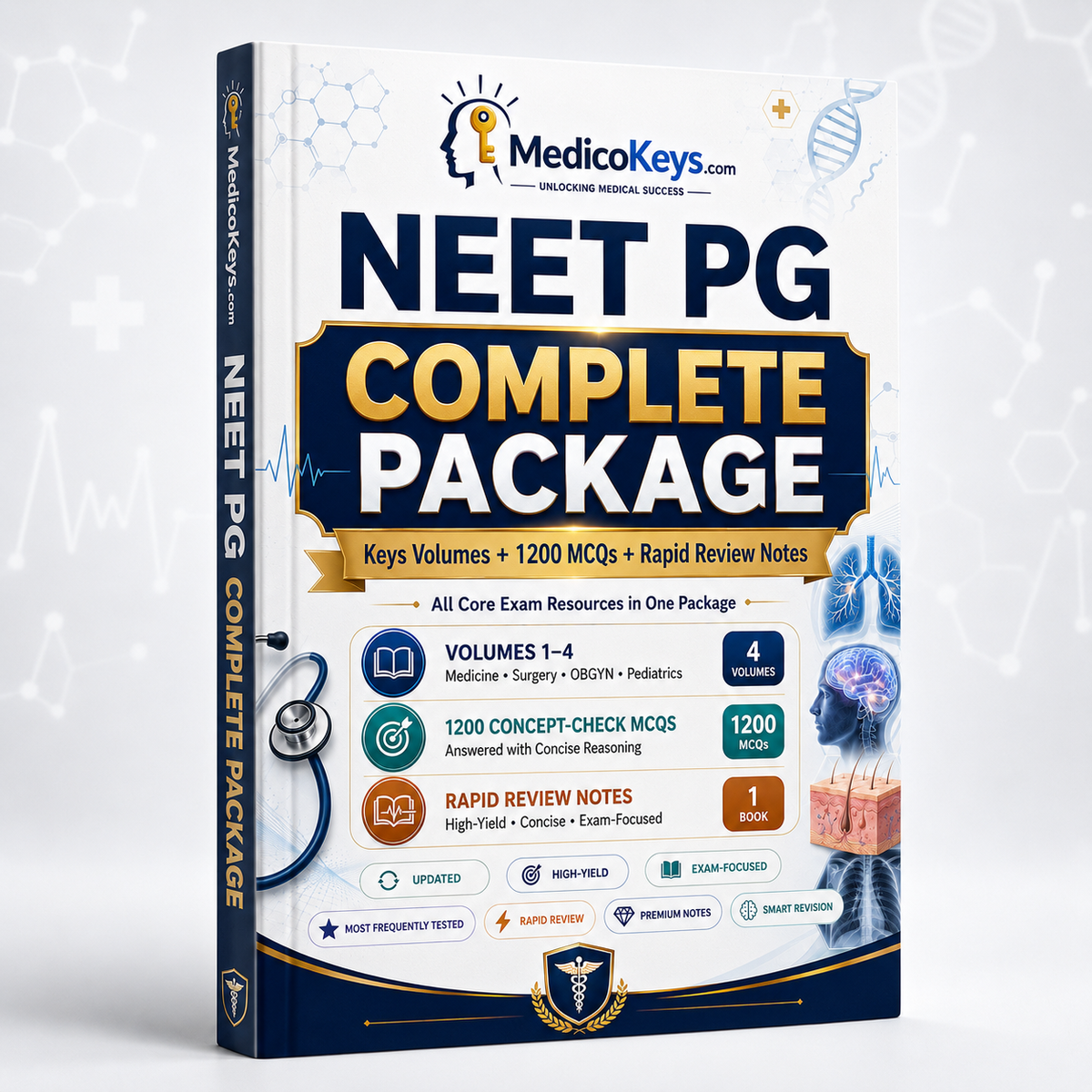 Complete NEET PG package with 6 premium updated high-yield visual and color-coded eBooks including 400 Keys, 1200 MCQs and 1000 Rapid Review concepts