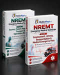 Full package product image showing two realistic MedicoKeys NREMT Emergency Medical Technician study books arranged in a premium purchase-encouraging display on a dark background. The set includes Volume 1 in red, covering assessment, airway, resuscitation, and medical emergency keys, and Volume 2 in green, covering trauma, patient management, transport, and operations keys. The books appear large, clean, modern, and professionally rendered, with visible 3D spines and covers. This updated, high-yield, color