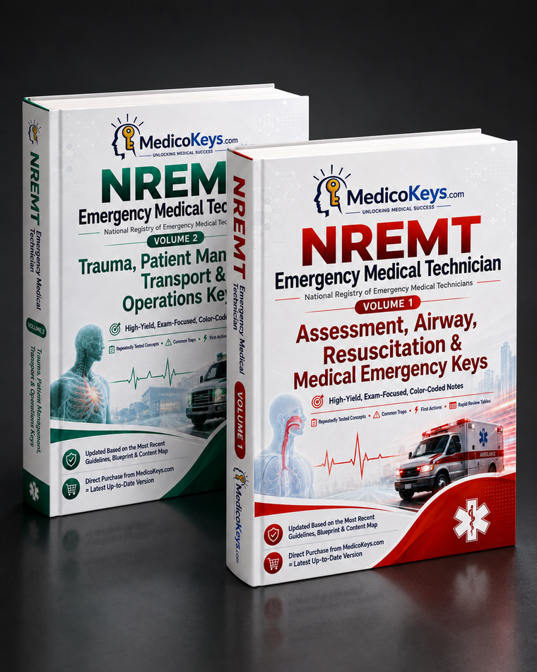 Full package product image showing two realistic MedicoKeys NREMT Emergency Medical Technician study books arranged in a premium purchase-encouraging display on a dark background. The set includes Volume 1 in red, covering assessment, airway, resuscitation, and medical emergency keys, and Volume 2 in green, covering trauma, patient management, transport, and operations keys. The books appear large, clean, modern, and professionally rendered, with visible 3D spines and covers. This updated, high-yield, color