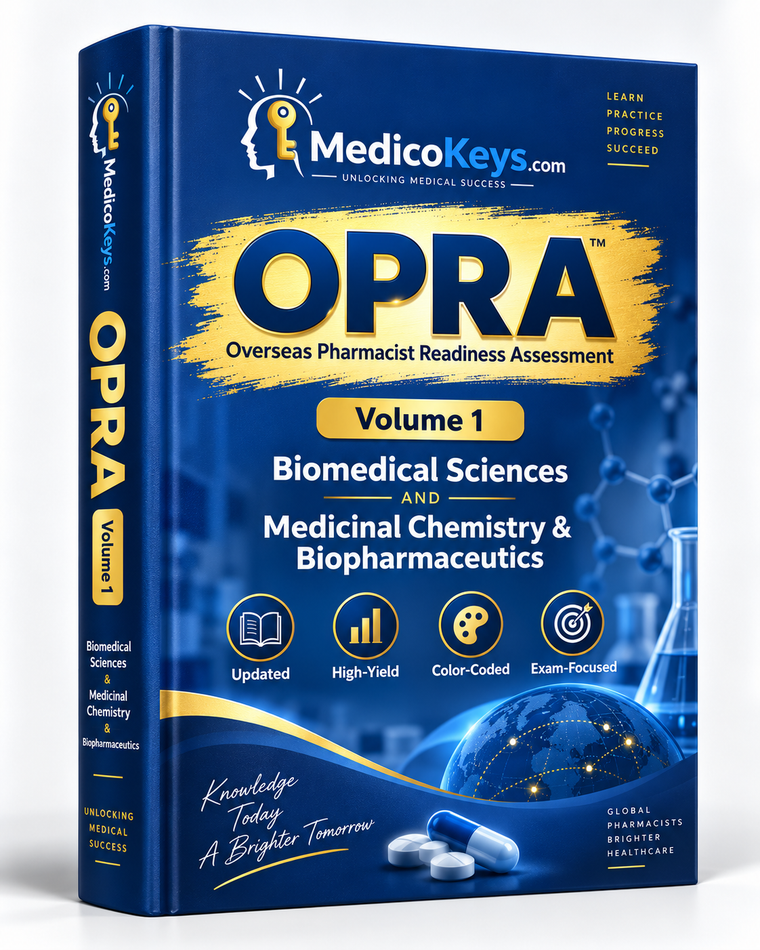MedicoKeys OPRA Volume 1 eBook for Overseas Pharmacist Readiness Assessment covering biomedical sciences, medicinal chemistry and biopharmaceutics