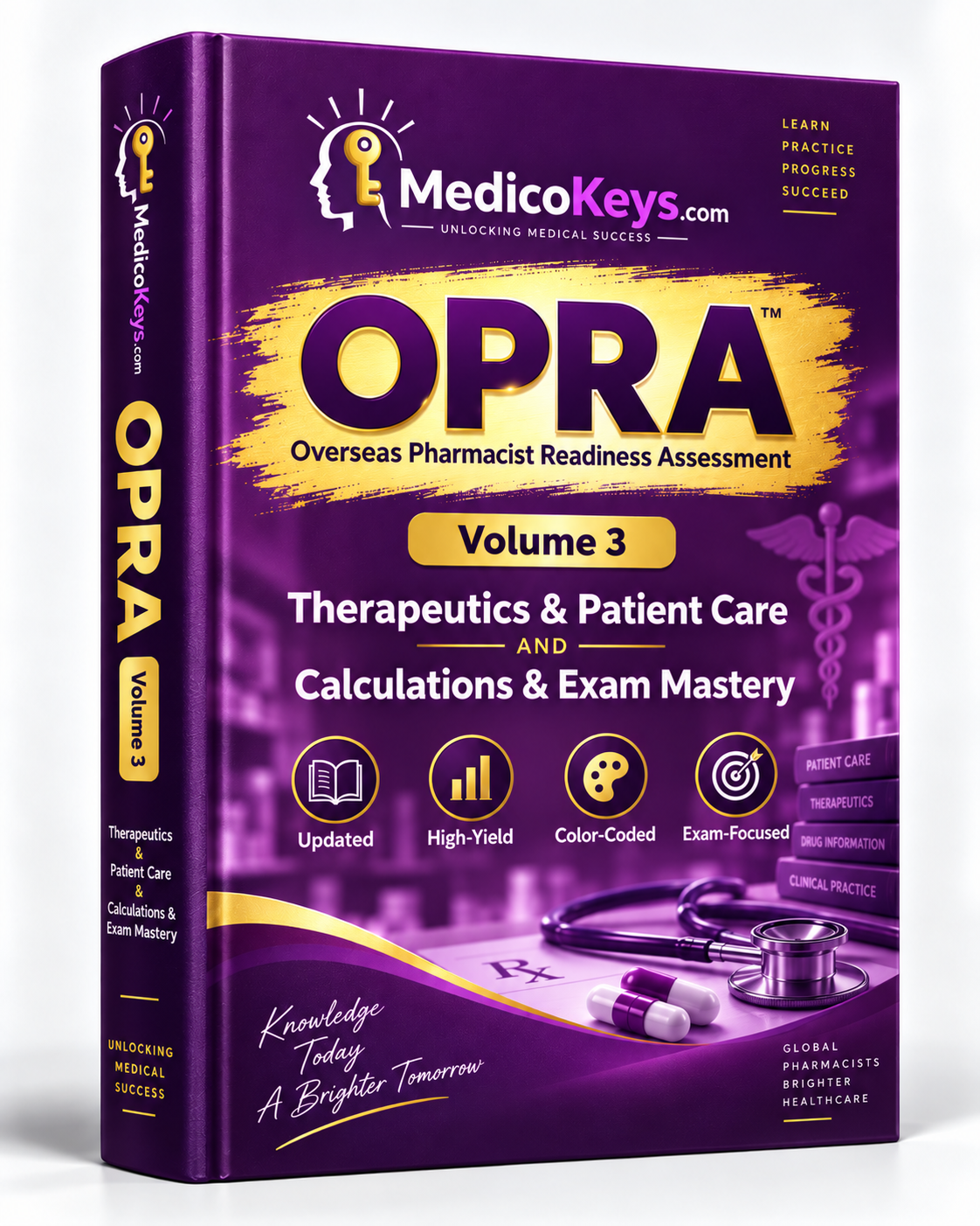 MedicoKeys OPRA Volume 3 eBook for Overseas Pharmacist Readiness Assessment covering therapeutics, patient care, calculations and exam mastery