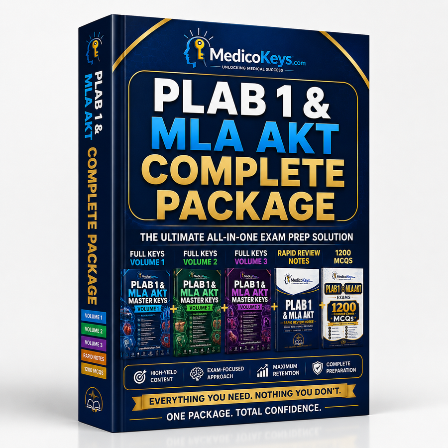 Complete PLAB 1 and MLA AKT package with 3 premium visual Master Keys volumes, 1200 Concept-Check MCQs and color-coded Rapid Review Notes