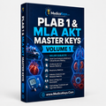 PLAB 1 and MLA AKT Master Keys Volume 1 cover featuring premium updated visual and color-coded revision for adult medicine, acute care and emergencies