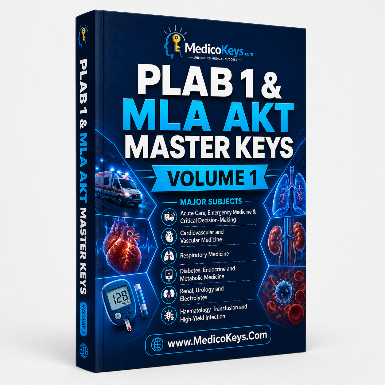 PLAB 1 and MLA AKT Master Keys Volume 1 cover featuring premium updated visual and color-coded revision for adult medicine, acute care and emergencies