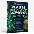 PLAB 1 and MLA AKT Master Keys Volume 2 cover featuring premium updated visual and color-coded revision for surgery, neurology and clinical specialties