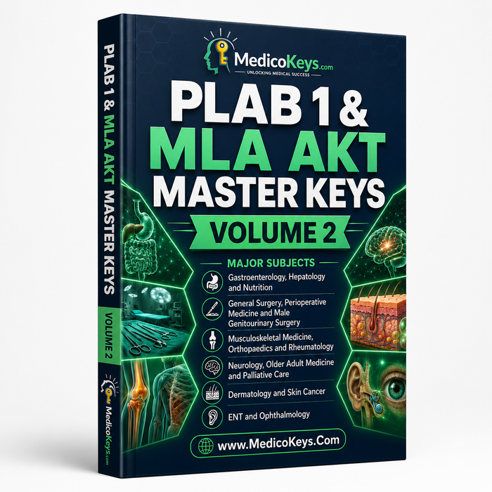 PLAB 1 and MLA AKT Master Keys Volume 2 cover featuring premium updated visual and color-coded revision for surgery, neurology and clinical specialties