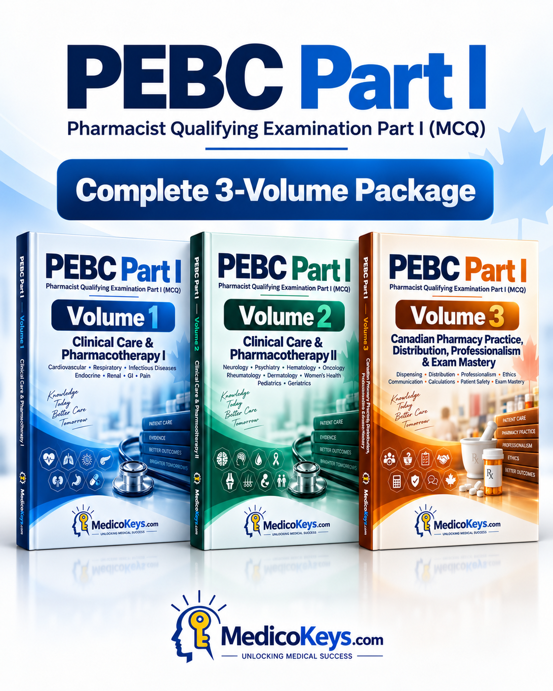 PEBC Part I Complete 3-Volume Package premium MedicoKeys eBook library for the Pharmacist Qualifying Examination Part I MCQ