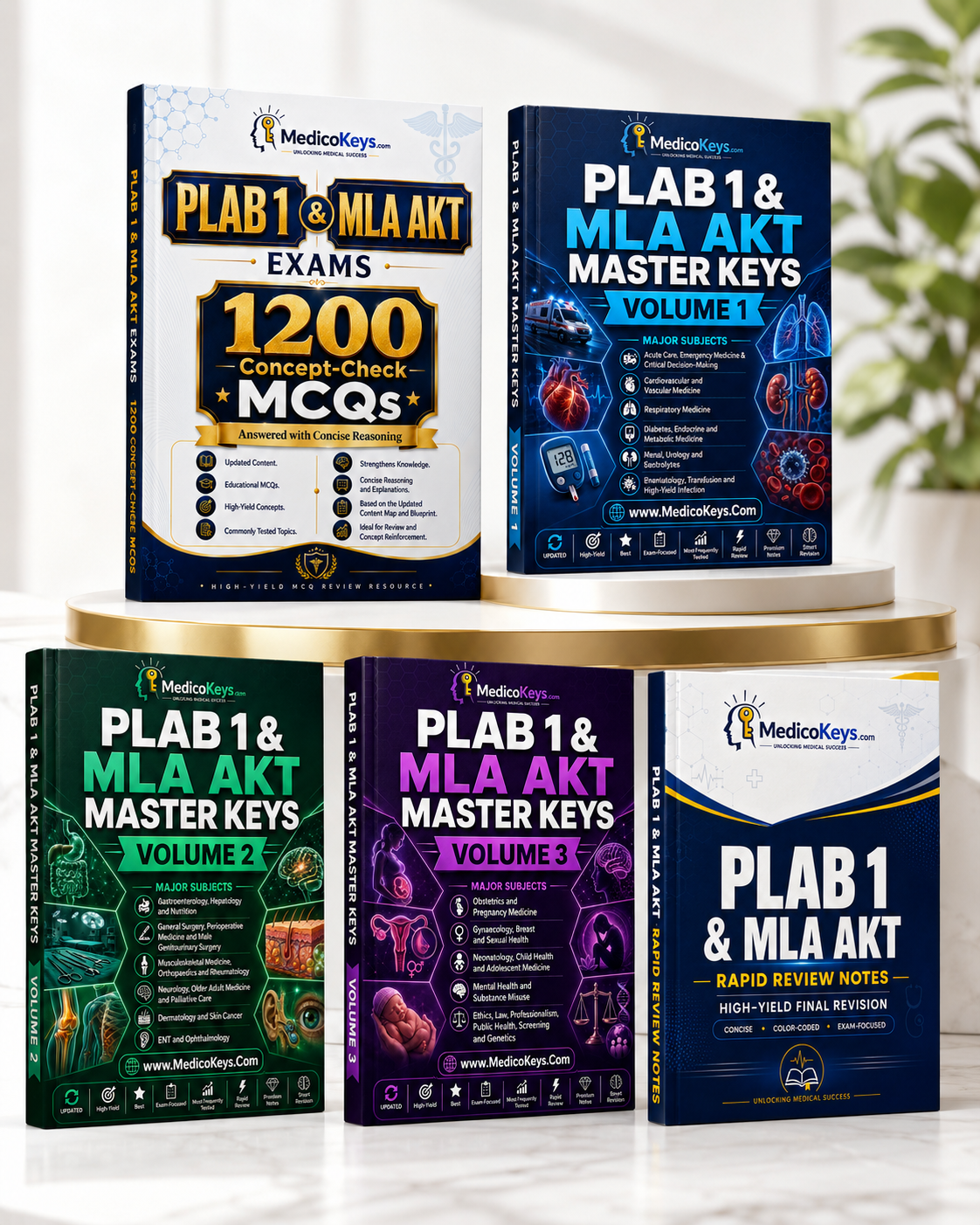 Premium MedicoKeys PLAB 1 and MLA AKT complete package featuring five realistic exam-prep books: Master Keys Volumes 1, 2 and 3, 1200 Concept-Check MCQs, and Rapid Review Notes. Updated, high-yield, color-coded, exam-focused study material with premium notes, MCQs, concise explanations, revision resources, and comprehensive medical exam preparation for PLAB 1 and MLA AKT.