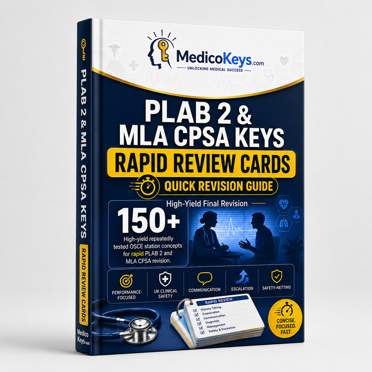 Premium updated PLAB 2 and MLA CPSA Rapid Review Cards eBook for high-yield OSCE final revision, UK clinical safety, communication, escalation and safety-netting