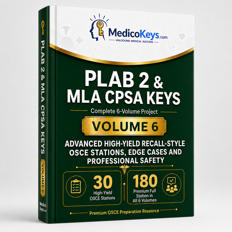 Premium updated PLAB 2 and MLA CPSA Volume 6 colour-coded OSCE eBook covering advanced recall stations, edge cases, escalation and professional safety