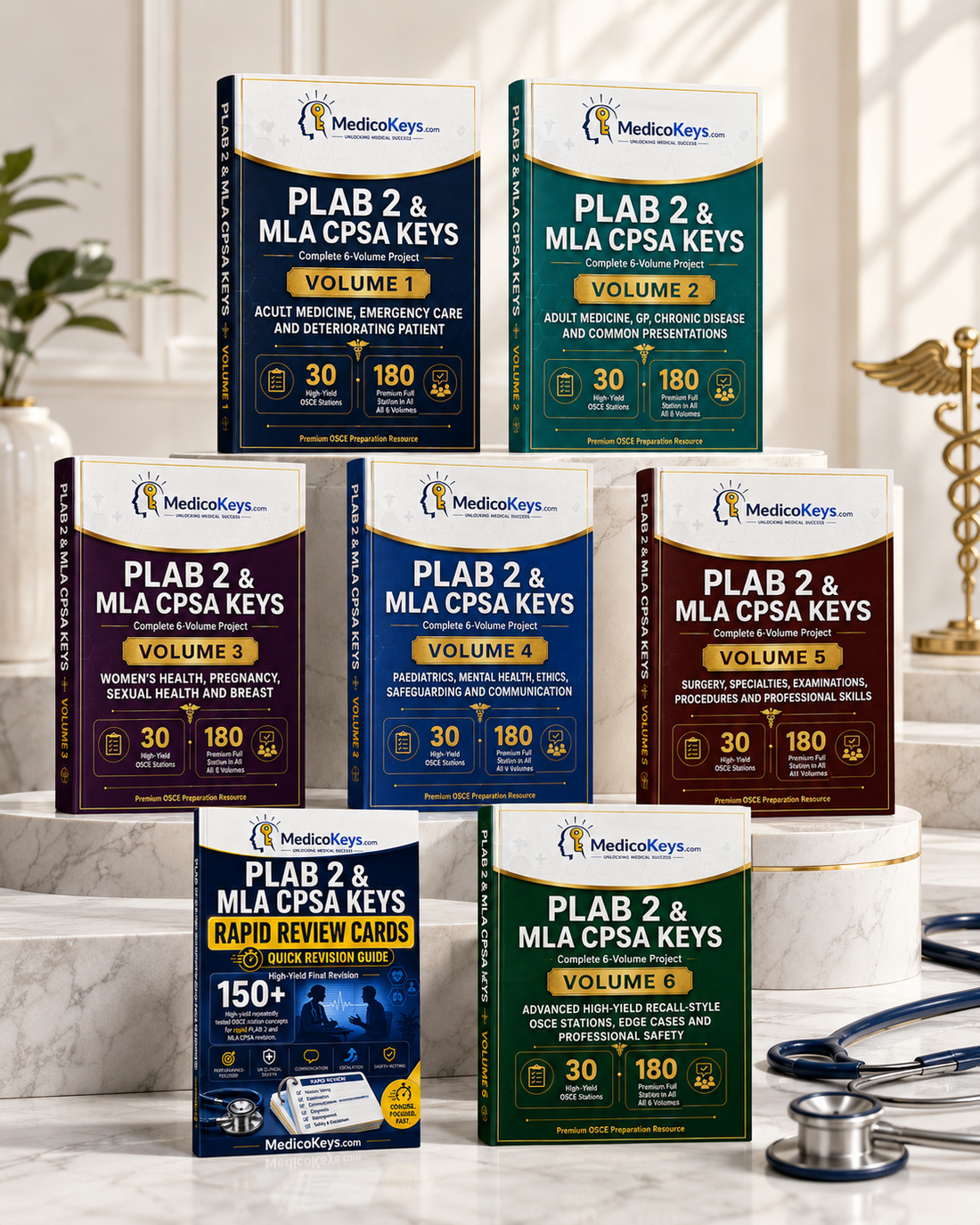 Premium MedicoKeys PLAB 2 and MLA CPSA complete package featuring six realistic OSCE exam-prep volumes plus Rapid Review Cards. Updated, high-yield, color-coded, exam-focused study material with premium notes, rapid revision content, 180 OSCE stations across the full set, clinical communication, examination, safety, escalation, professional skills, and comprehensive PLAB 2 and MLA CPSA preparation.