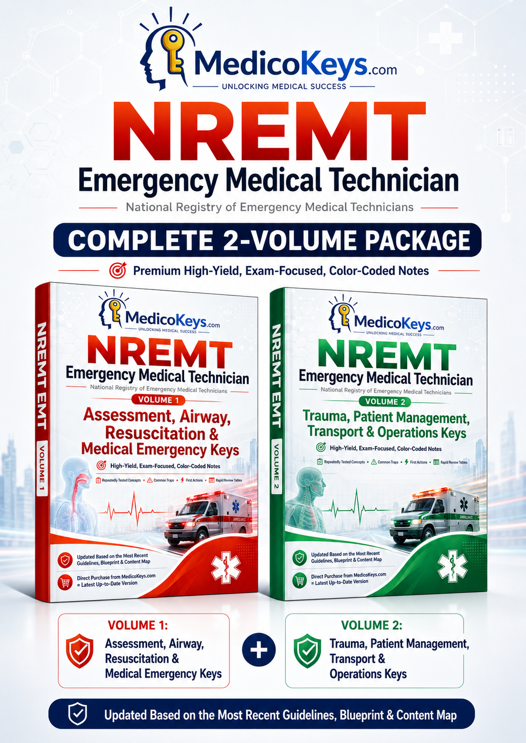 Complete premium updated NREMT EMT two-volume high-yield library with colour-coded eBooks covering assessment, airway, medical emergencies, trauma, transport and EMS operations