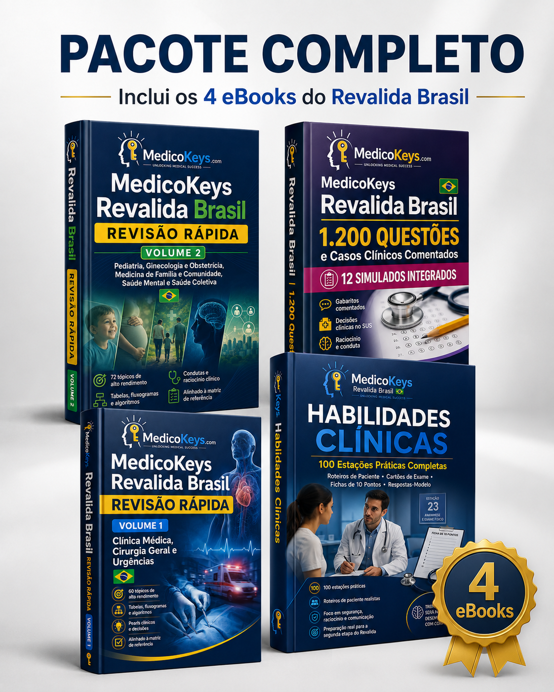 Capa do Pacote Completo Revalida Brasil com 4 eBooks premium, atualizados, coloridos e focados nas duas etapas, incluindo revisão rápida, 1.200 questões comentadas e 100 estações práticas