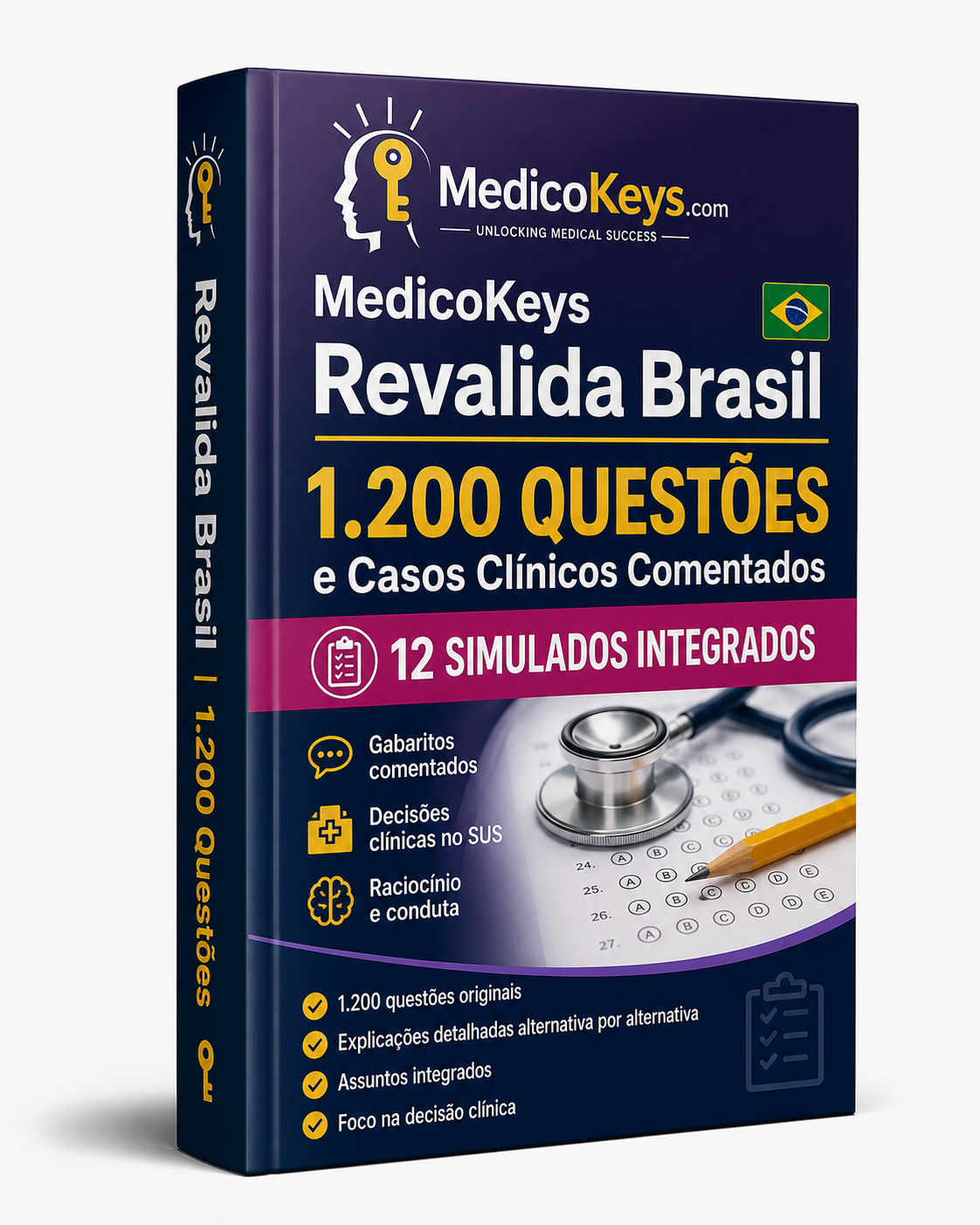 Capa do eBook Revalida Brasil com 1.200 questões e casos clínicos comentados, 12 simulados completos e conteúdo premium, atualizado, colorido, de alto rendimento e focado na Primeira Etapa