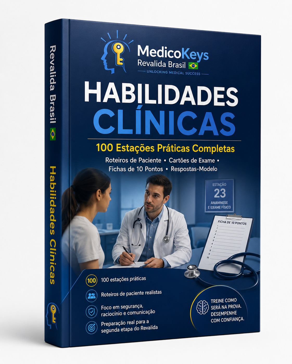 Capa do eBook Revalida Brasil Habilidades Clínicas com 100 estações práticas completas, roteiros de pacientes, fichas de avaliação, respostas-modelo e preparação premium, atualizada, colorida e focada na Segunda Etapa