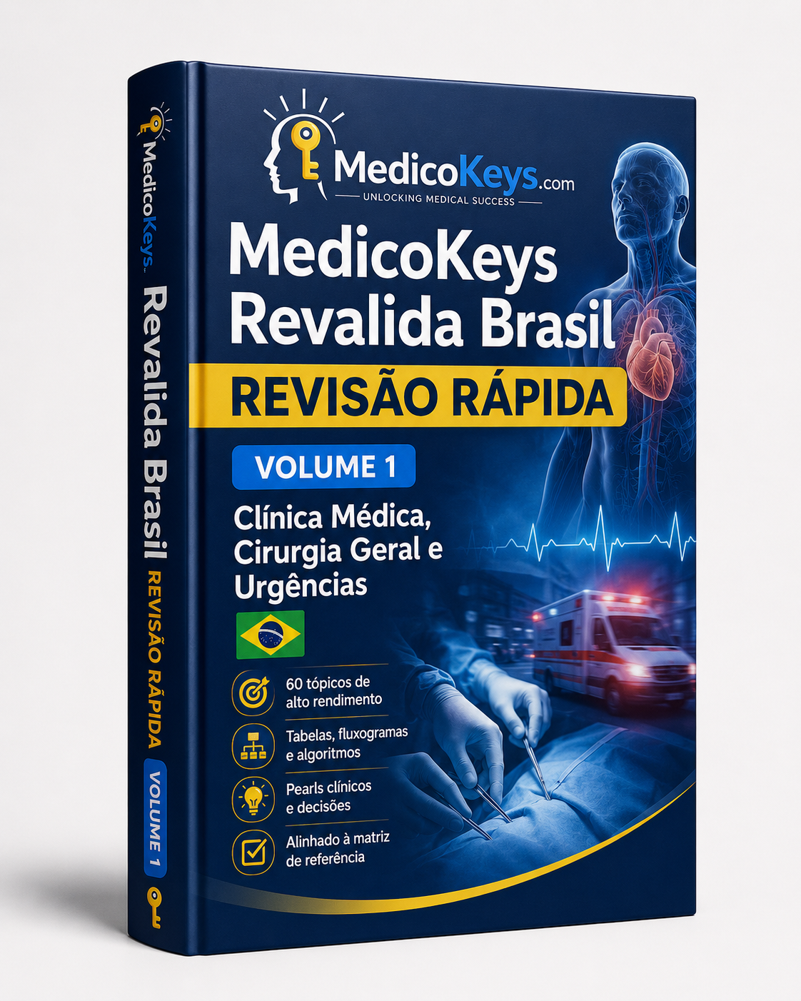 Capa do eBook Revalida Brasil Revisão Rápida Volume 1 com Clínica Médica, Cirurgia Geral, Urgências e conteúdo premium, atualizado, colorido e focado na prova