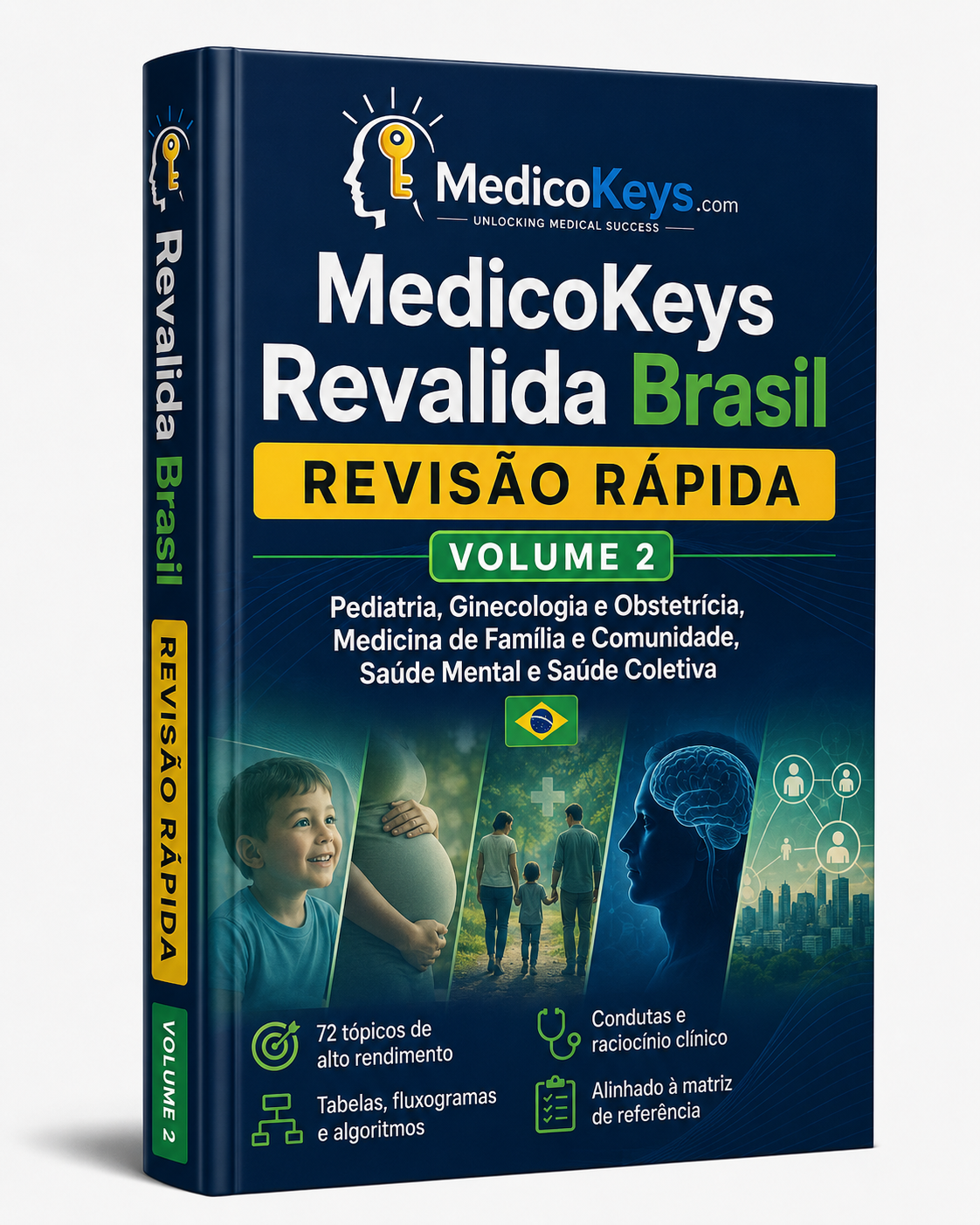 Capa do eBook Revalida Brasil Revisão Rápida Volume 2 com Pediatria, Ginecologia, Obstetrícia, Medicina de Família, Saúde Mental, Saúde Coletiva e conteúdo premium, atualizado, colorido e focado na prova