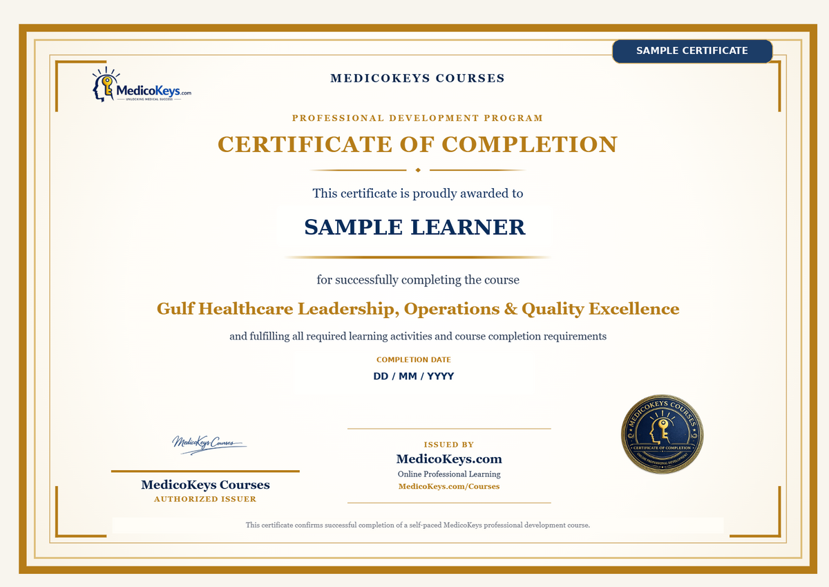 Sample MedicoKeys Certificate of Completion with placeholder learner information