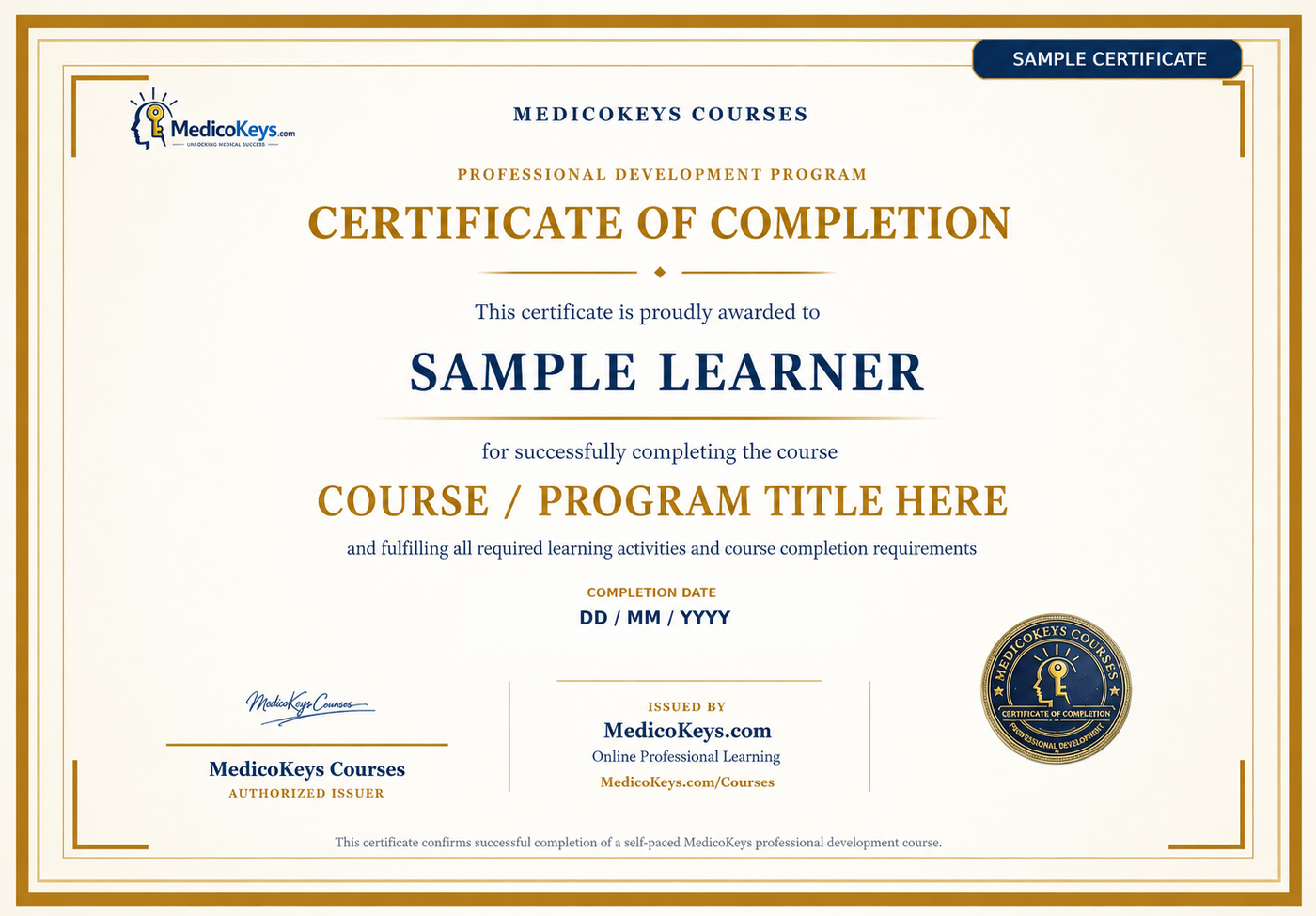Sample MedicoKeys Professional Development Certificate of Completion