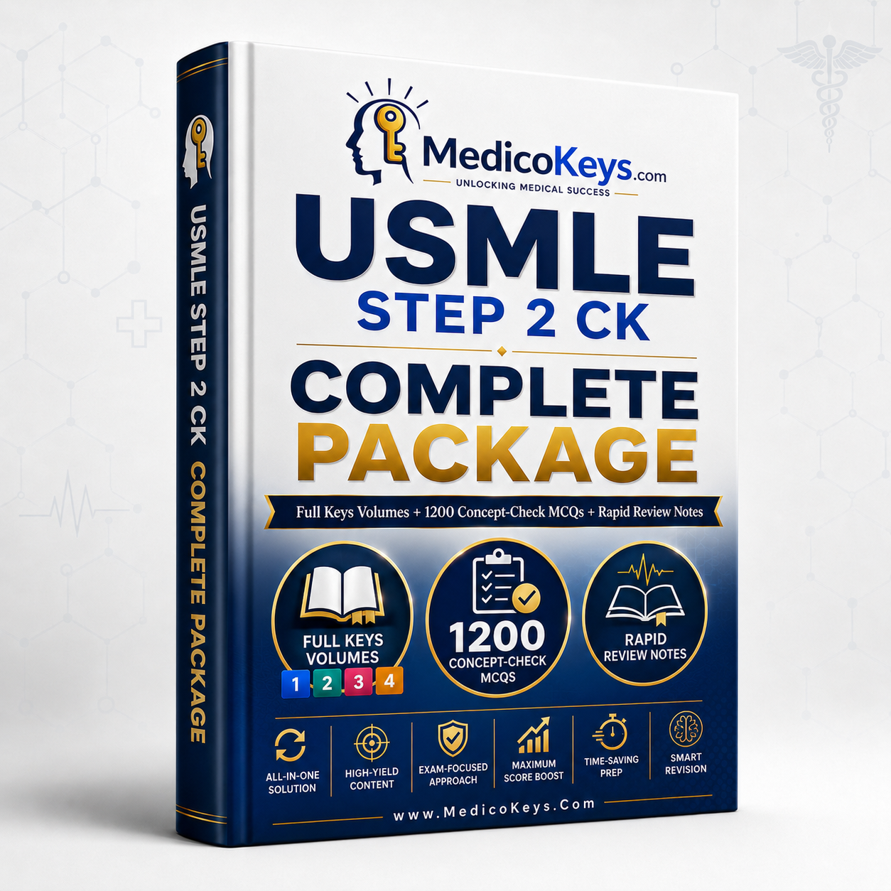 Complete USMLE Step 2 CK study package cover featuring premium visual Keys, Concept-Check MCQs, and color-coded Rapid Review Notes from MedicoKeys
