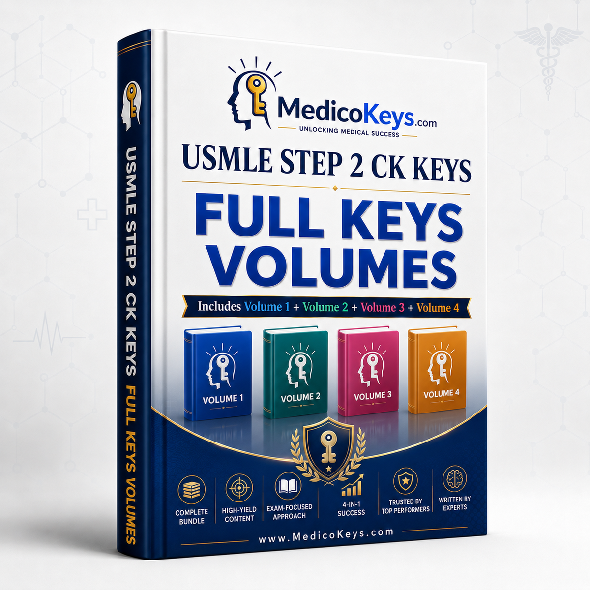 Complete USMLE Step 2 CK Keys Collection cover featuring all four premium updated visual and color-coded clinical study volumes from MedicoKeys