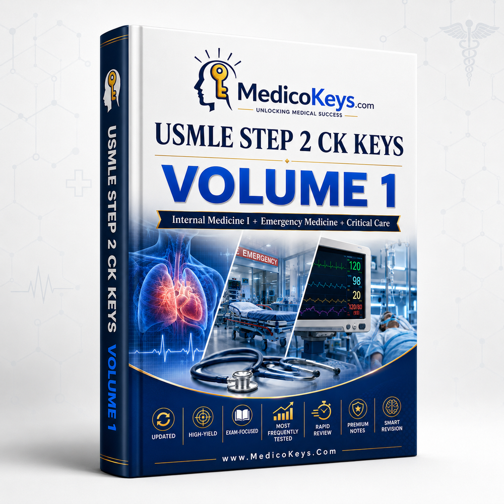 USMLE Step 2 CK Keys Volume 1 cover featuring premium updated visual and color-coded study notes for Internal Medicine I, Emergency Medicine, and Critical Care