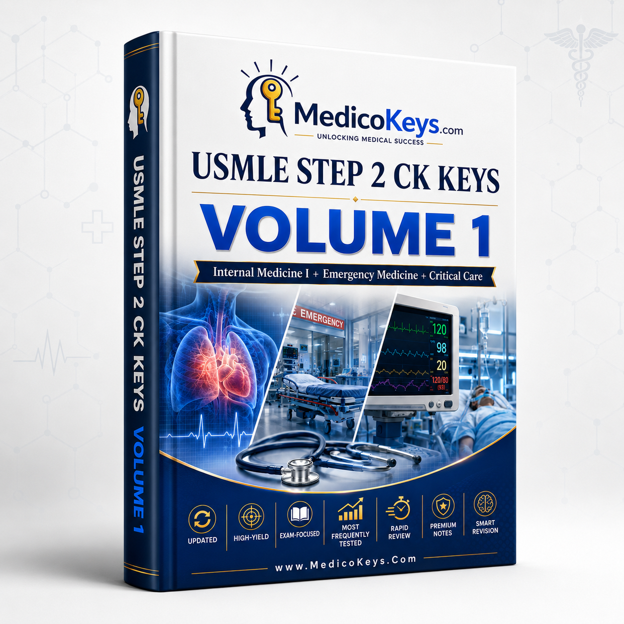USMLE Step 2 CK Keys Volume 1 cover featuring premium updated visual and color-coded study notes for Internal Medicine I, Emergency Medicine, and Critical Care