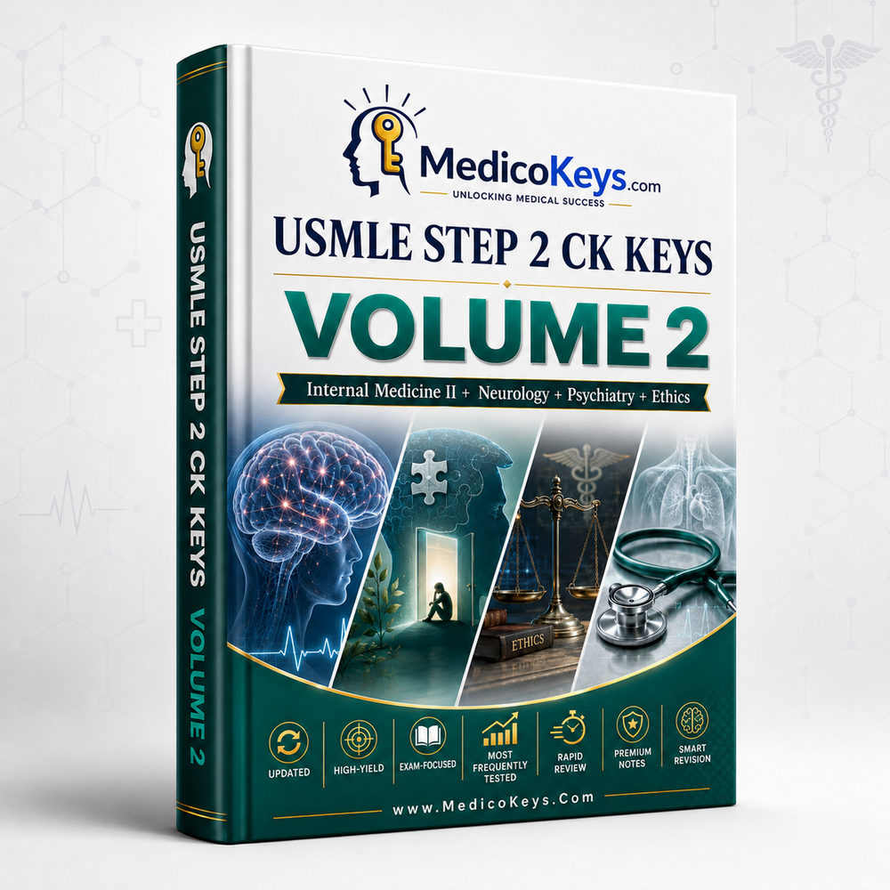 USMLE Step 2 CK Keys Volume 2 cover featuring premium updated visual and color-coded study notes for Internal Medicine II, Neurology, Psychiatry, and Ethics