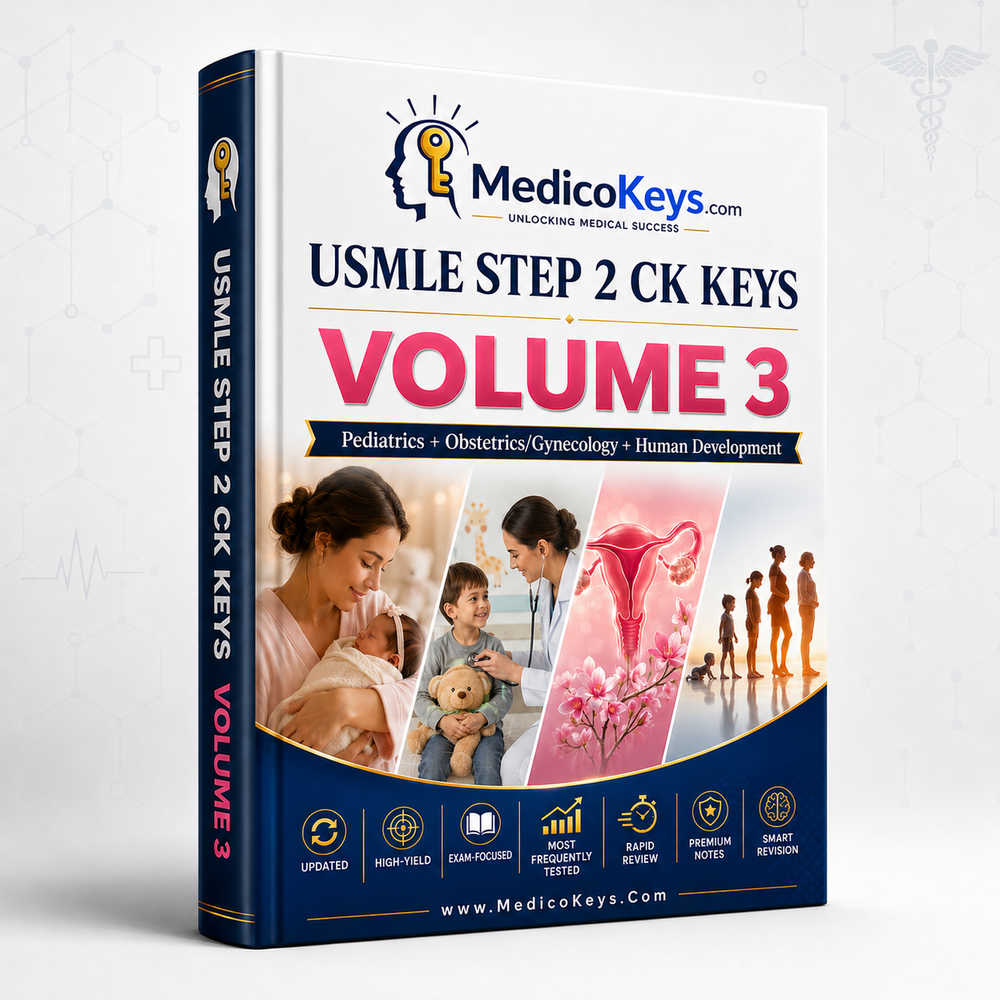 USMLE Step 2 CK Keys Volume 3 cover featuring premium updated visual and color-coded study notes for Pediatrics, Obstetrics/Gynecology, and Human Development