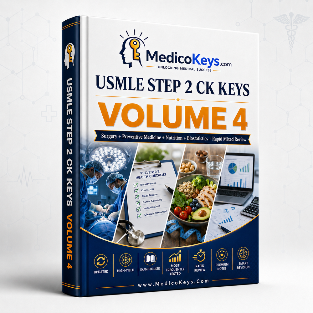 USMLE Step 2 CK Keys Volume 4 cover featuring premium updated visual and color-coded study notes for Surgery, Preventive Medicine, Nutrition, Biostatistics, and Rapid Mixed Review