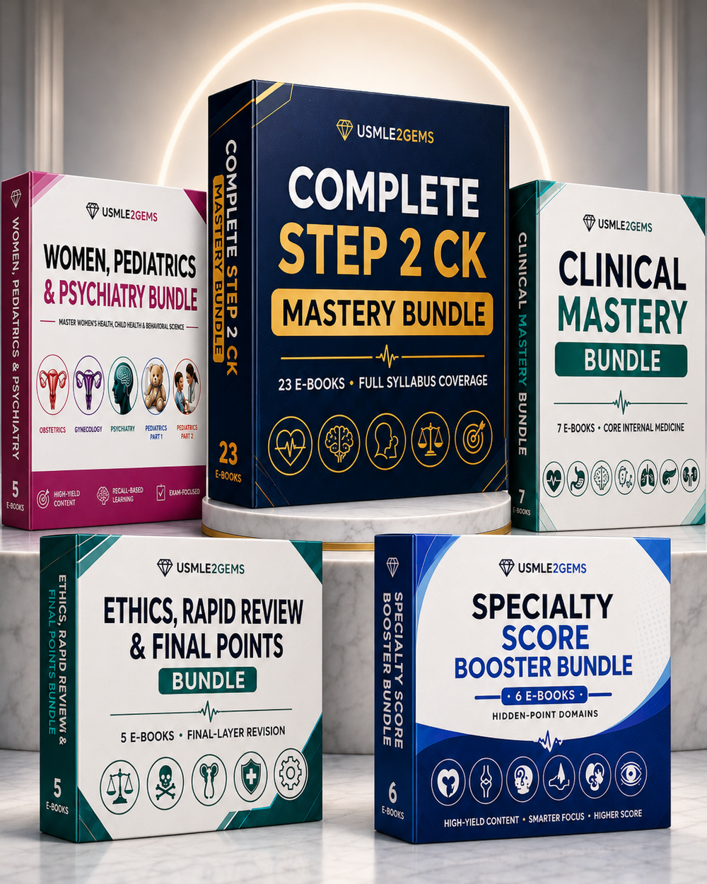 Full package product image showing two realistic MedicoKeys NREMT Emergency Medical Technician study books arranged in a premium purchase-encouraging display on a dark background. The set includes Volume 1 in red, covering assessment, airway, resuscitation, and medical emergency keys, and Volume 2 in green, covering trauma, patient management, transport, and operations keys. The books appear large, clean, modern, and professionally rendered, with visible 3D spines and covers. This updated, high-yield, color