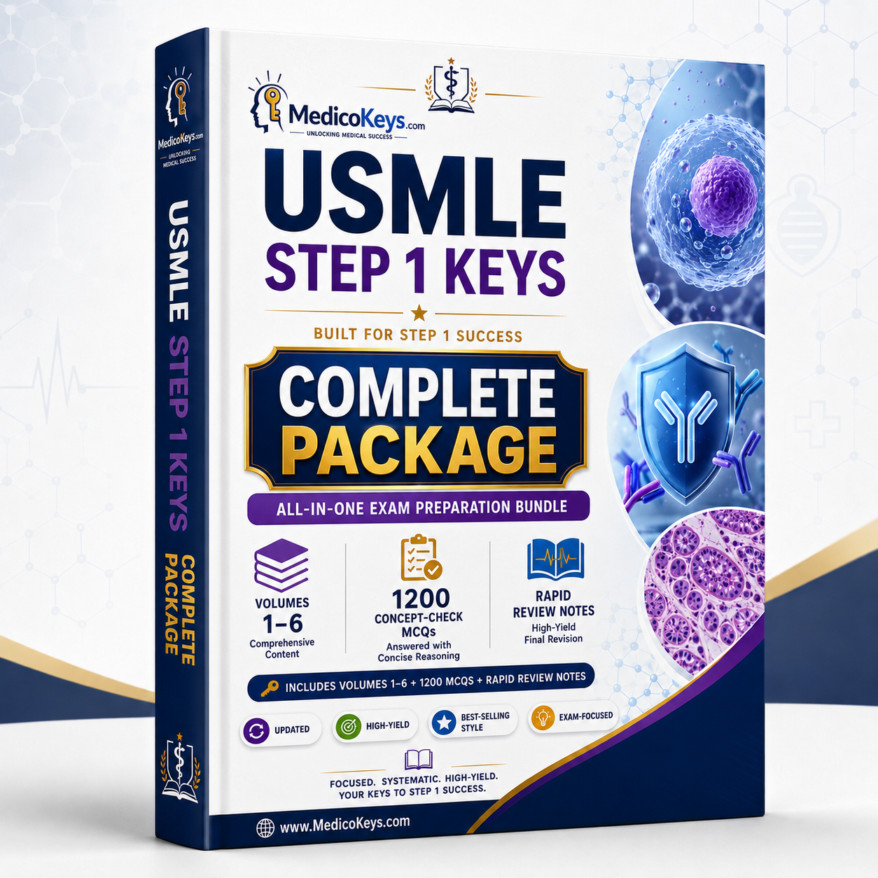 Complete USMLE Step 1 Package with eight premium updated visual and color-coded eBooks, high-yield Keys, 1200 Concept-Check MCQs and Rapid Review Notes