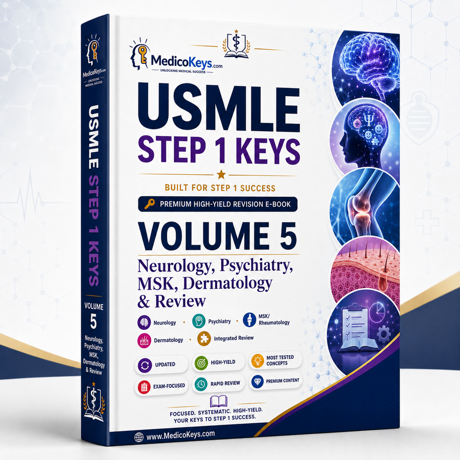 USMLE Step 1 Keys Volume 5 premium updated visual and color-coded eBook covering neurology, psychiatry, musculoskeletal medicine, dermatology and integrated review
