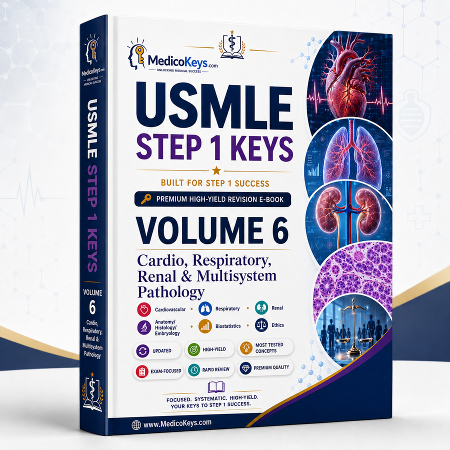 USMLE Step 1 Keys Volume 6 premium updated visual and color-coded eBook covering cardiovascular, respiratory, renal, multisystem pathology, biostatistics and ethics