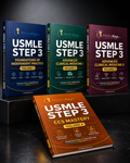MedicoKeys USMLE Step 3 Full Package featuring four premium exam-focused study books: Volume 1 Foundations of Independent Practice, Volume 2 Advanced Clinical Medicine I, Volume 3 Advanced Clinical Medicine II, and Volume 4 CCS Mastery. Realistic blue, green, burgundy, and orange books are professionally arranged on a dark premium studio background. Updated, high-yield, color-coded USMLE Step 3 revision notes, MCQs, clinical study material, independent practice concepts, advanced clinical medicine, and CCS 